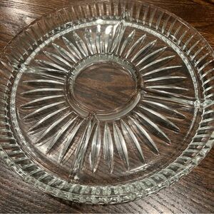 Heavy Clear Glass Divided Serving Dish Chips/Veggie Tray 4 Slots+Dip Center 11.5